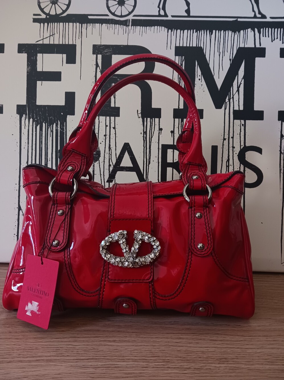 NWT Valentino Garavani Crystal Embolished Red Patent Leather Satchel